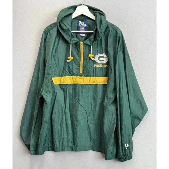 Vintage Green Bay Packers Pro Player 1/4 Zip Windbreaker‎ Packable Jacket Sz L - Picture 1 of 7